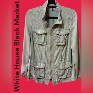White House Black Market-Size 10 army green jacket. Silver zipper/snaps. EUC!